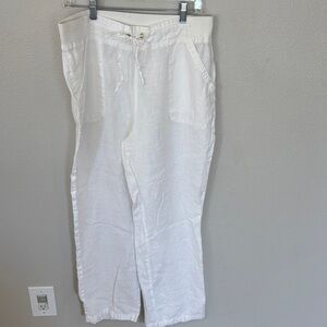Ellen Tracy White Linen Wide-Leg Drawstring Pants